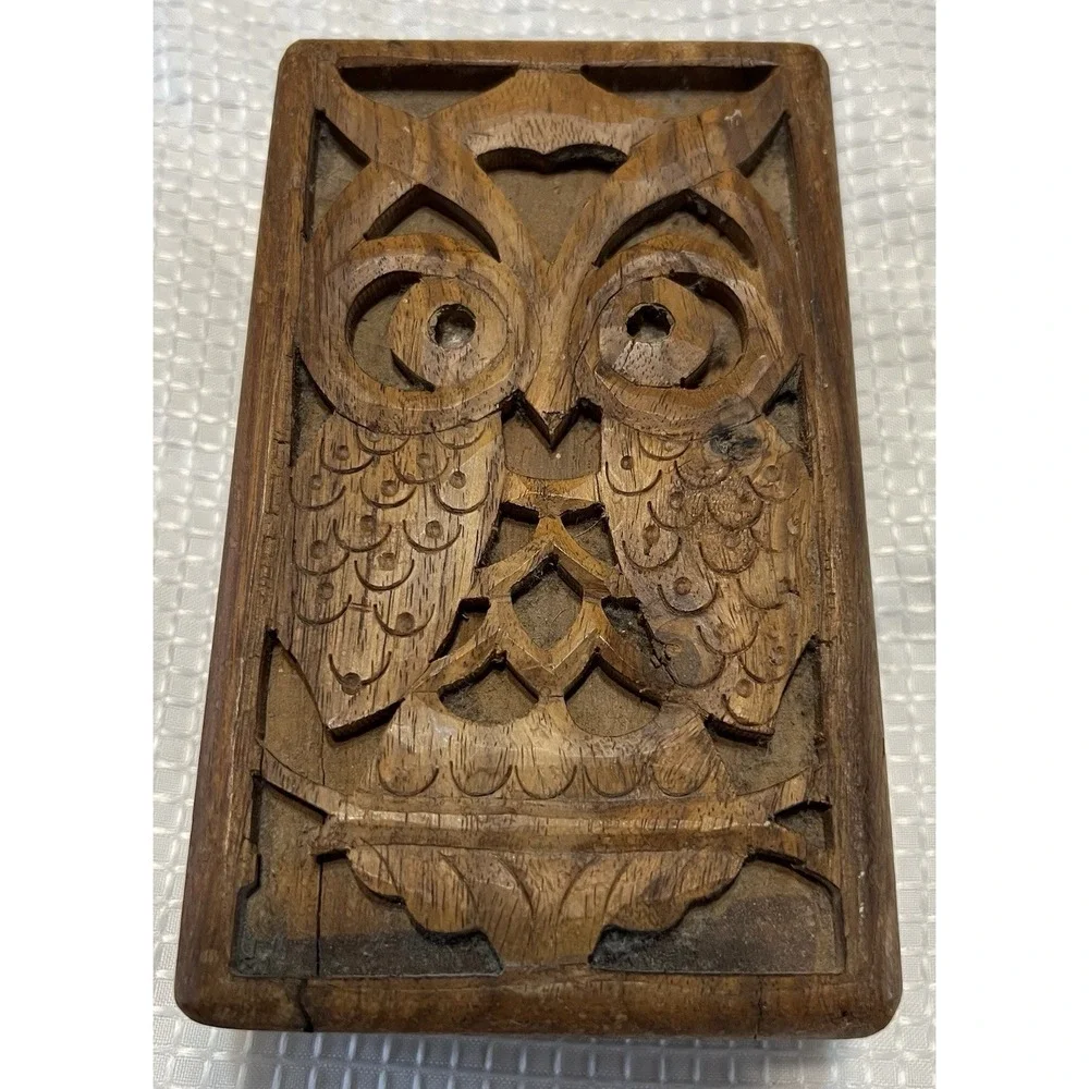 Vintage Hand Carved Wooden Rectangular Decorative‎ Box Owl Floral Pattern, Small